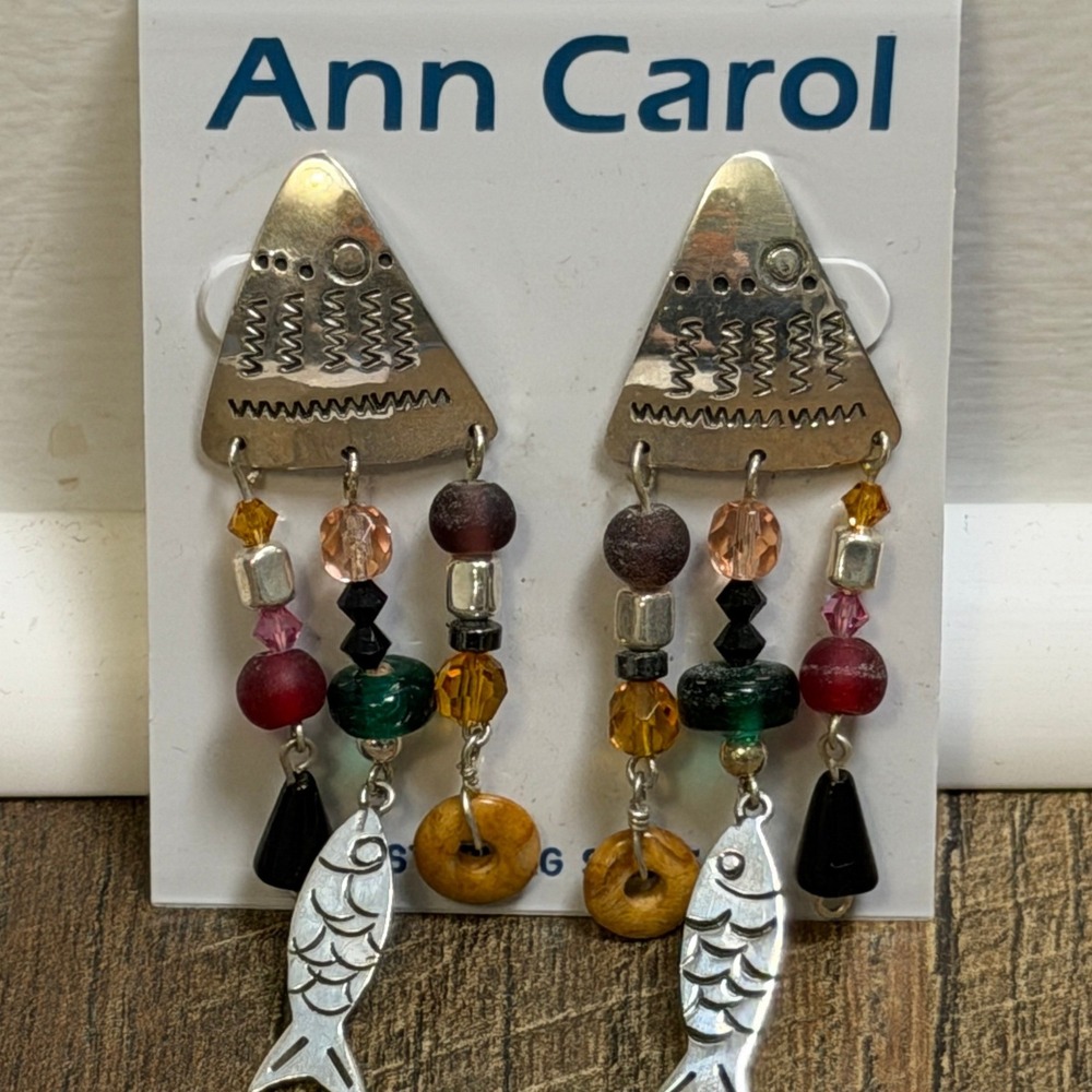 Ann Carol Fish Dangle Earrings Women Multicolor Artisan Sterling 925 Beaded